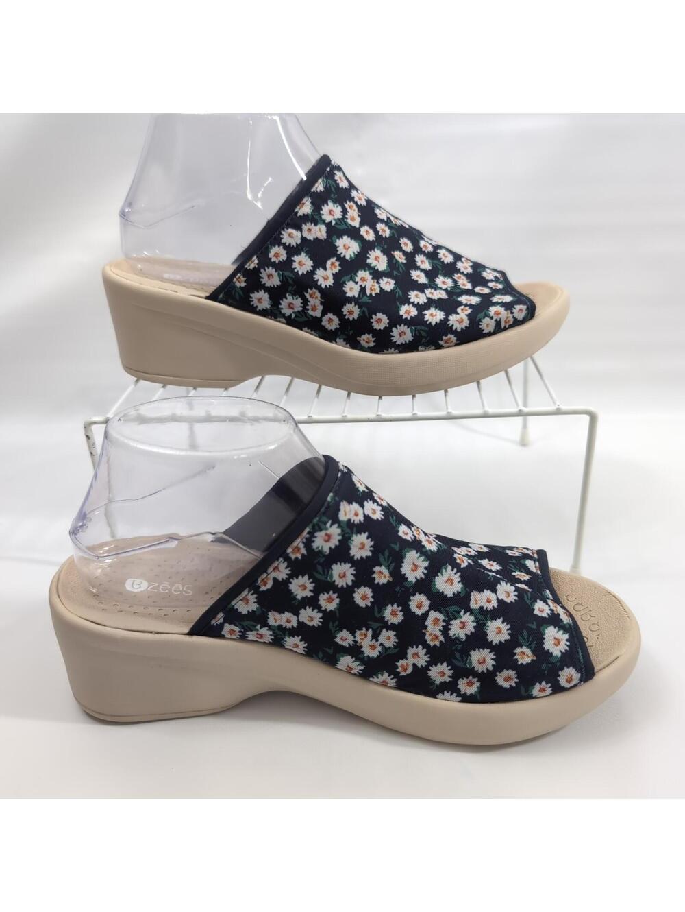 Bzees Navy Floral Slip-On Wedge Sandals with Cream Sole